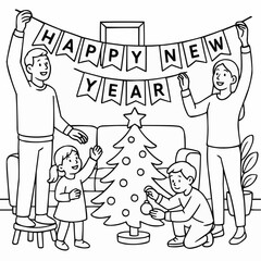 Obraz premium Coloring page for kids - Family celebrating New Year by decorating Christmas tree indoors 