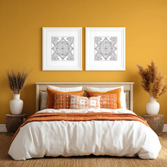 Cozy bedroom with warm yellow walls and two framed abstract art pieces above a bed