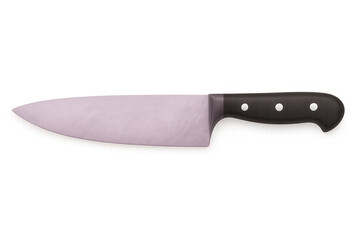 Professional kitchen knife resting horizontally, sharp stainless steel blade gleaming against clean white backdrop