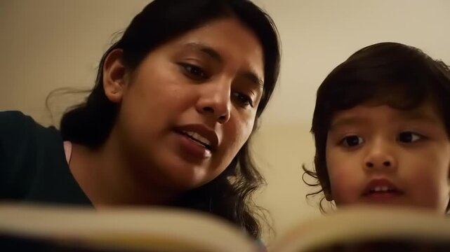 Mother and Son Reading Together A heartwarming image of her young engrossed in book, capturing tender moment shared learning connection.