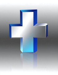 Obraz premium A 3D metallic cross with blue edges, casting a reflection on a gray gradient background