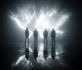 Four men in black suits stand with backs turned, silhouetted against light rays in dark room, glowing angelic figure above symbolizing teamwork and spiritual inspiration
