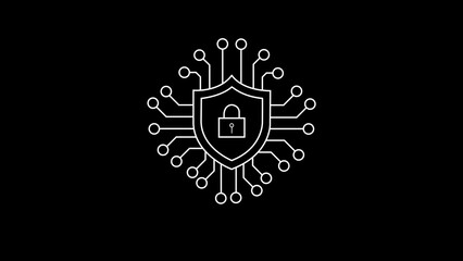 White shield with lock symbol and circuit board lines on black