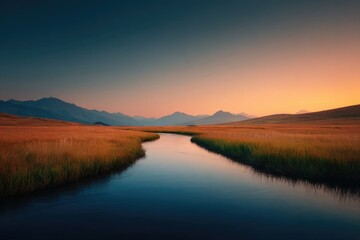 Fototapeta premium Serene sunset reflection over tranquil stream in majestic mountains nature photography peaceful landscape scenic viewpoint for relaxation