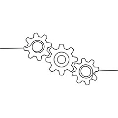 Three interlocking gears drawn in a continuous line art style
