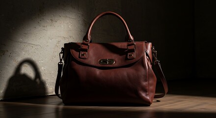 Brown Leather Handbag on Wooden Floor with Dramatic Lighting