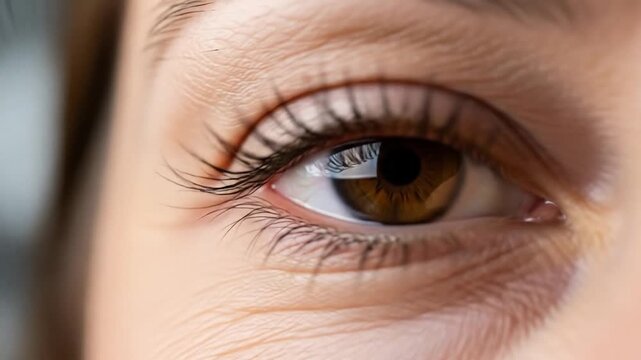 Close-up video sequence of brown eyes showcasing aging signs and skin texture variations  macro