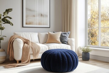 Navy blue ottoman near a white sofa with a beige blanket, positioned against a window and white wall with a large frame poster. Scandinavian home interior design for a modern living, Generative AI