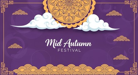 Celebrate Mid Autumn Festival Mandala Patterns & Clouds on a Decorative Purple Scene