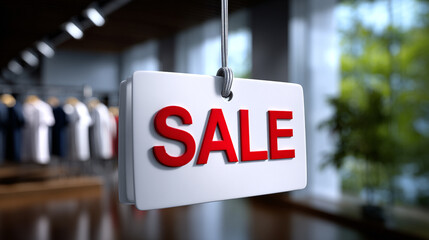Red Sale Sign Hangs in Clothing Store Window Display Promotion