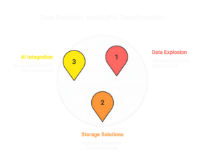 Data transformation concept with AI integration, storage solutions, and data explosion visualized