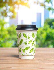 Disposable coffee cup with green leaf pattern on a wooden table