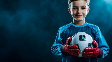 A young goalkeeper is holding a soccer ball in his hands.