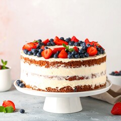Delicious layered cake decorated with fresh berries