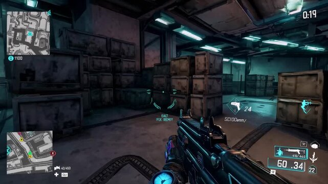 First-person shooter video game scene with a futuristic, industrial setting. The camera angle is from the player's perspective, showcasing a dimly lit warehouse. - Powered by Adobe