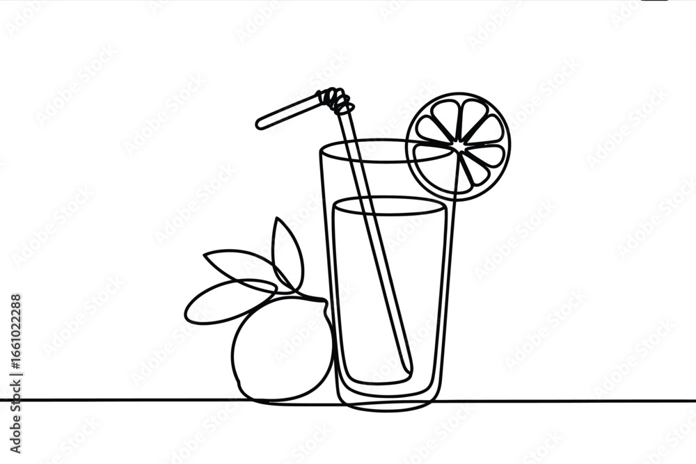 Poster continuous line drawing of a refreshing lemon drink with a slice and fruit