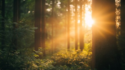 Sunrise through the trees in a dense forest.
