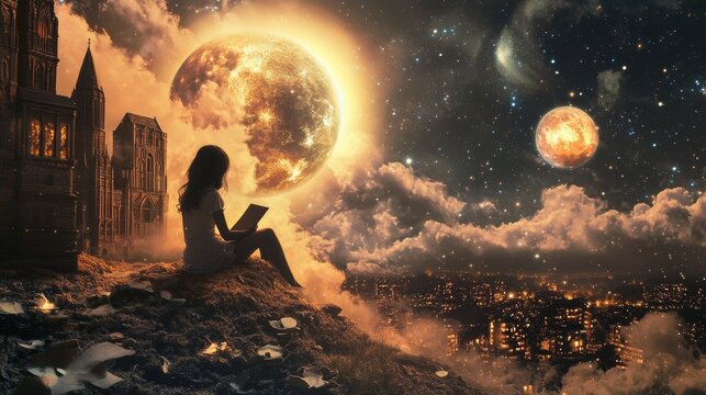 Young woman reads a book in a surreal landscape with a glowing moon and city in the distance
