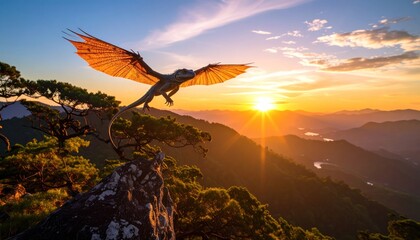 Fototapeta premium Dragon flying over mountains at sunrise Fantasy landscape.