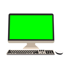 Fototapeta premium Vector illustration of monitor with green screen from front view point with brown and white colored keyboard and mouse.