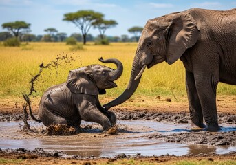 Obraz premium A Mother Elephants Tender Gaze as Her Calf Joyfully Splashes in a Savanna Mud Puddle.