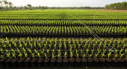 Green beginnings A sprawling industrial nursery cultivating endless rows of young saplings for future sustainable agriculture projects.