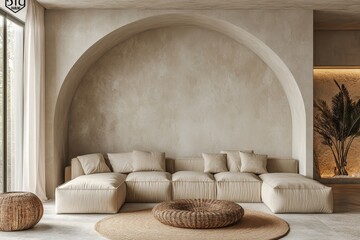 Mediterranean interior design for a modern living room with a beige sofa and an arched wall featuring stucco and sandstone wall finishes. 3D rendering, Generative AI