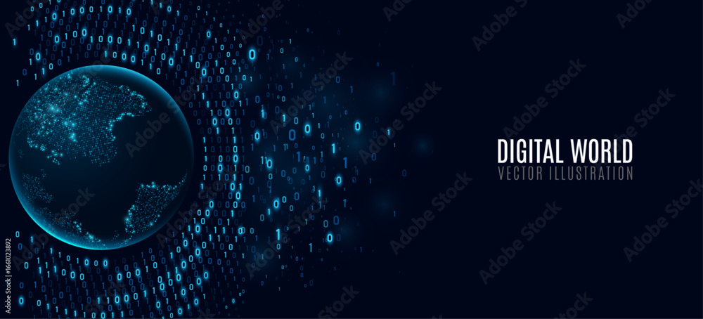 Poster futuristic planet earth with circular glowing binary code on a dark blue background. global network 