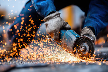 Sparks flying while worker uses a grinder to cut metal, industrial concept