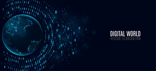 Futuristic planet Earth with circular glowing binary code on a dark blue background. Global network visualization symbolizing data transfer, programming and virtual communication. Vector illustration.