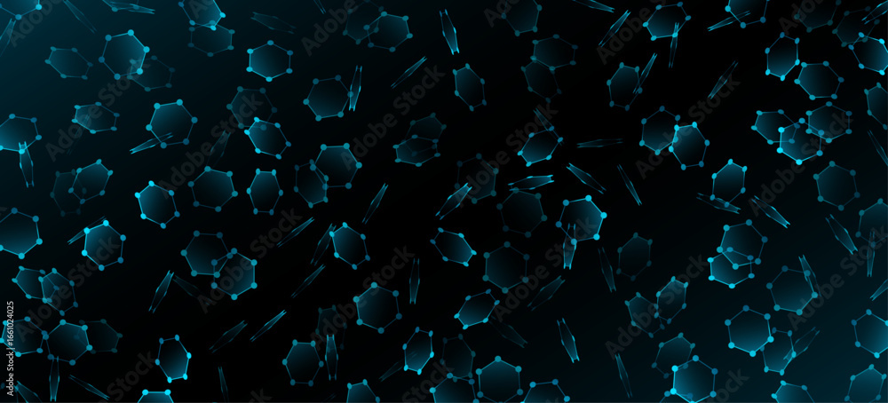 Poster molecular flying hexagonal structure for scientific research presentation. abstract dynamic blue hex