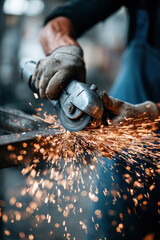 Sparks flying while worker uses a grinder to cut metal, industrial concept