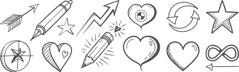 Hand drawn doodle icons set including hearts, stars, arrows, sparkles, and sketch elements for creative design. Artistic sketch style illustration collection. Perfect for decoration, symbols,