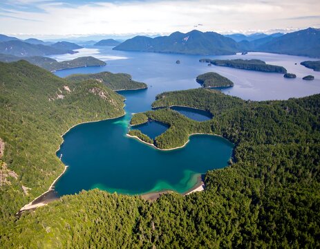 Aerial view of a fjord-like system of lakes and islands - Powered by Adobe