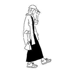 Woman with suitcase and tote bag, travel illustration in line art