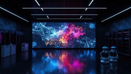 Data center with servers and ai robots displaying network visualization