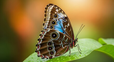 Beautifully detailed brown butterfly with blue wing accents perched on a lush green leaf