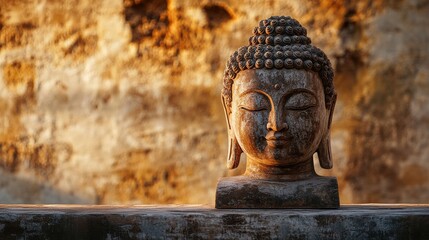 Close up of a wooden Buddha statue with blurred background