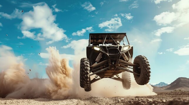 Close-up speed motion UTV darting jump action, with mountain & blue sky background