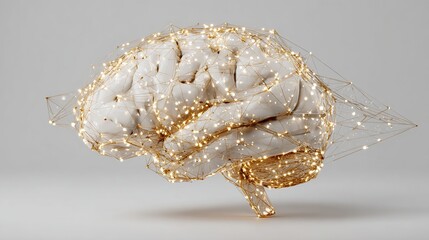 3D model of a human brain, rendered in white with intricate golden network of lines and lights, highlighting the structure and suggesting neural connections
