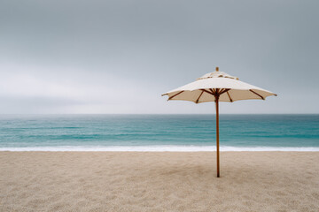 Minimalist beach with single closed umbrella on uniform sand and calm sea, cloudy day, conceptual image of solitude and off-season vacation