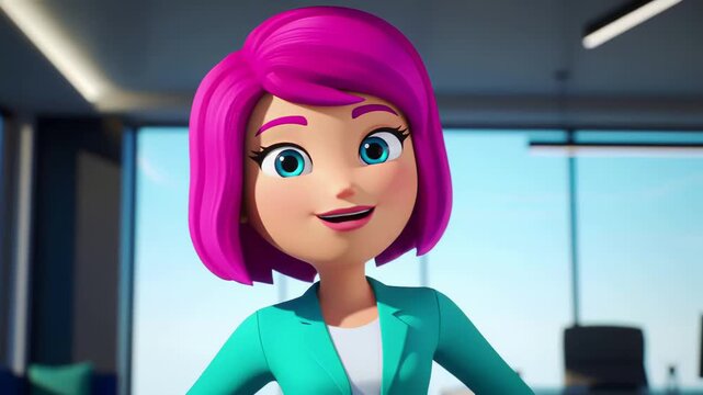 A 3d cartoon character of a businesswoman with pink hair smiling and talking in an office
