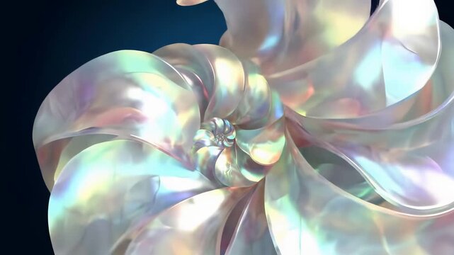 A realistic 3d animation of a beautiful iridescent pearl shell with a spiral pattern
