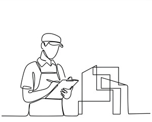 Worker in cap and apron inspecting building plans with clipboard