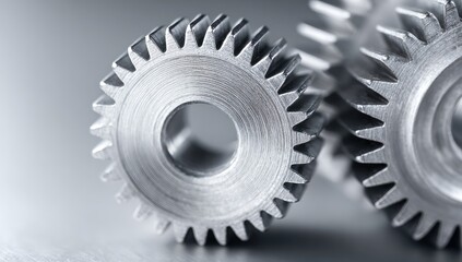 Close-up of interlocking metal gears, with detailed teeth, shiny