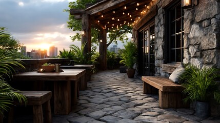 Fototapeta premium A realistic high-definition photo of a rooftop terrace with outdoor seating and string lights.