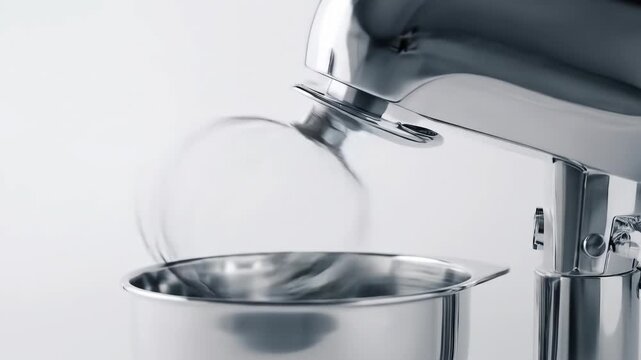 Close-up of a metal stand mixer with a whisk attachment