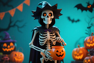 3D skeleton character holding a trick-or-treat bucket.