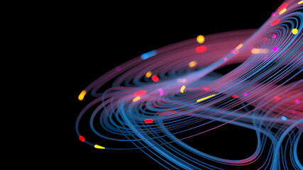 Abstract swirling fiber optics with colorful lights on black background
