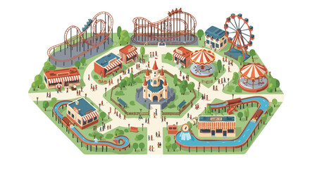 Whimsical isometric illustration showcasing a vibrant amusement park with rollercoasters and a fairytale castle